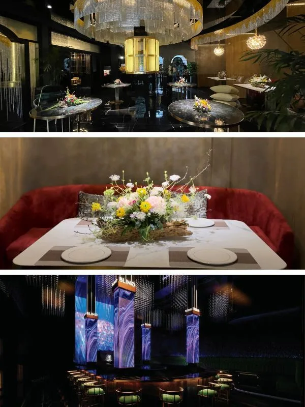 Phòng ăn Em-Restaurant với đèn chùm pha lê, bàn VIP ghế nhung đỏ và khu lounge bar tại Bling Bling Club