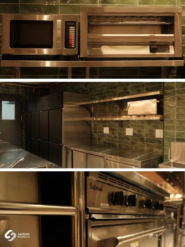 Collage cận cảnh lò vi sóng, lò Salamander và bếp gas Fujimak inox công nghiệp tại The Royal