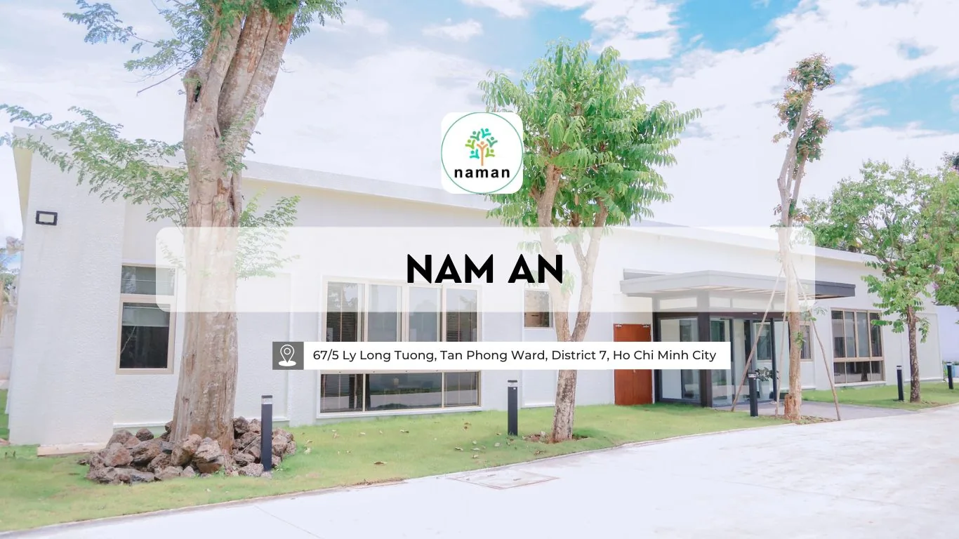 Mặt ngoài tòa nhà hiện đại và khuôn viên Viện dưỡng lão Nam An Garden